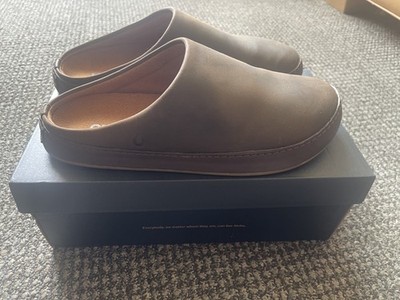 OluKai Ku'u Dark Java Brown Leather Slide Slippers Mules Mens Size 10 10562-4848