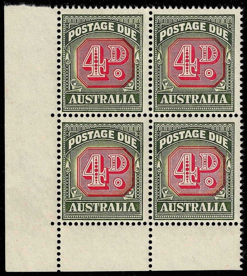 AUSTRALIA POSTAGE-DUES: BLOCKSx4: 1d, 3d, 4d, 8d + 5x2 BLOCK 6d NO WMK @ CV$350 - Image 3 of 4