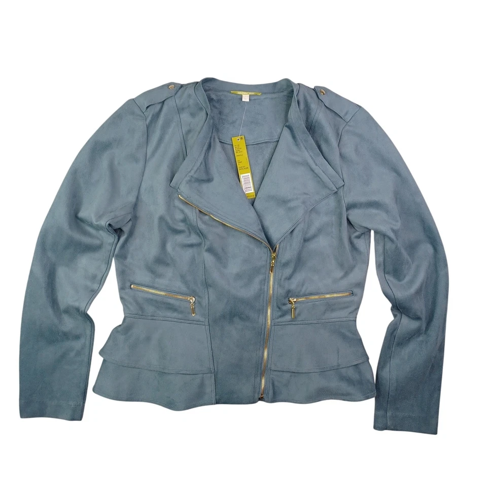 Gianni Bini Women Juliana Jacket Size Large Blue Faux Suede Moto Peplum Full Zip - Image 4 of 4