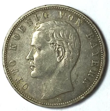 1907 D German States Bavaria 5 Five Mark Silver Coin KM# 915