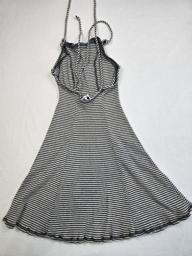 Vintage Zanoni By Jalate 80s 90s Black & Gray Striped Halter skater Dress L - Picture 4 of 5