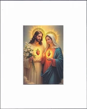 8X10" Matted Print Religious Christian Art Picture: Jesus Mary Sacred Heart