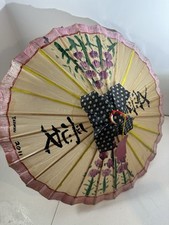 Vtg Hand Painted Oriental Hand Painted,Rice Paper , Bamboo wood Parasol Umbrella