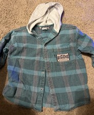 Quicksilver Blue And Gray Flannel Button-Down Shirt With Hood Youth Small