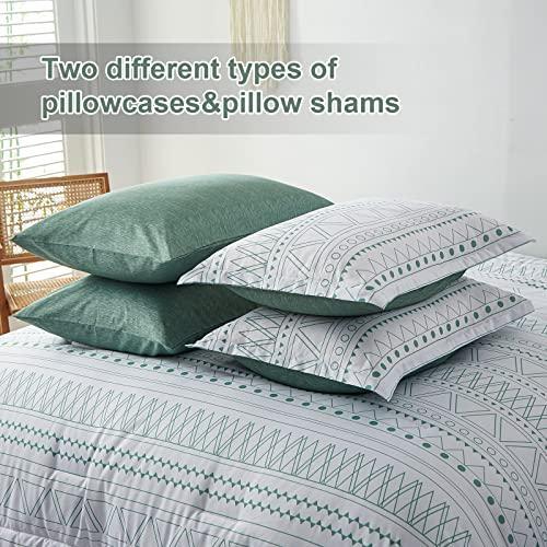 Boho Green Comforter Set Queen,7 Pieces Sage Green Bed in a Bag Queen