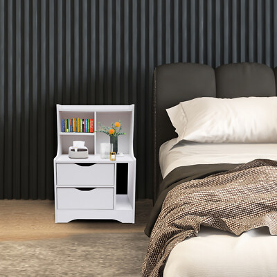 White Bedroom Night Stand Dresser Cabinet Sofa Side End Table with 2 Drawers US
