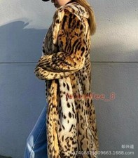 Women's Leopard Print Faux Fur Long Overcoat Comfort Casual Warm Trench Coat New