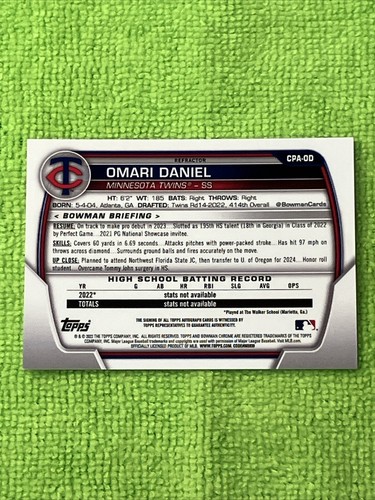 /499 Omari Daniel 1st AUTO 2023 Bowman Chrome #CPA-OD REFRACTOR AUTOGRAPH Twins - Picture 4 of 4
