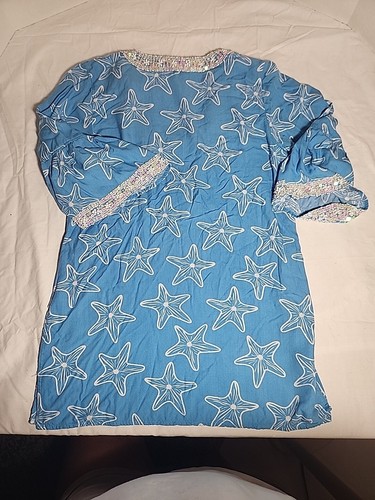 Top tunica donna Escapada XS blu con bordo bianco stelle marine perline manica a campana 3/4 - Foto 10 di 10
