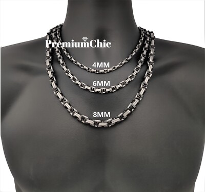 18''-30'' Stainless Steel 8MM Silver/Black Plated Byzantine Box Necklace Mens