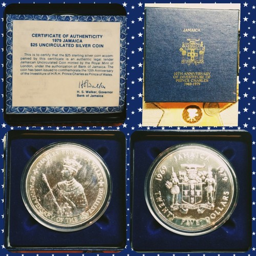 Royal Mint London 10th Ann. Prince Charles 1979 Jamaica Uncirculated Silver COA
