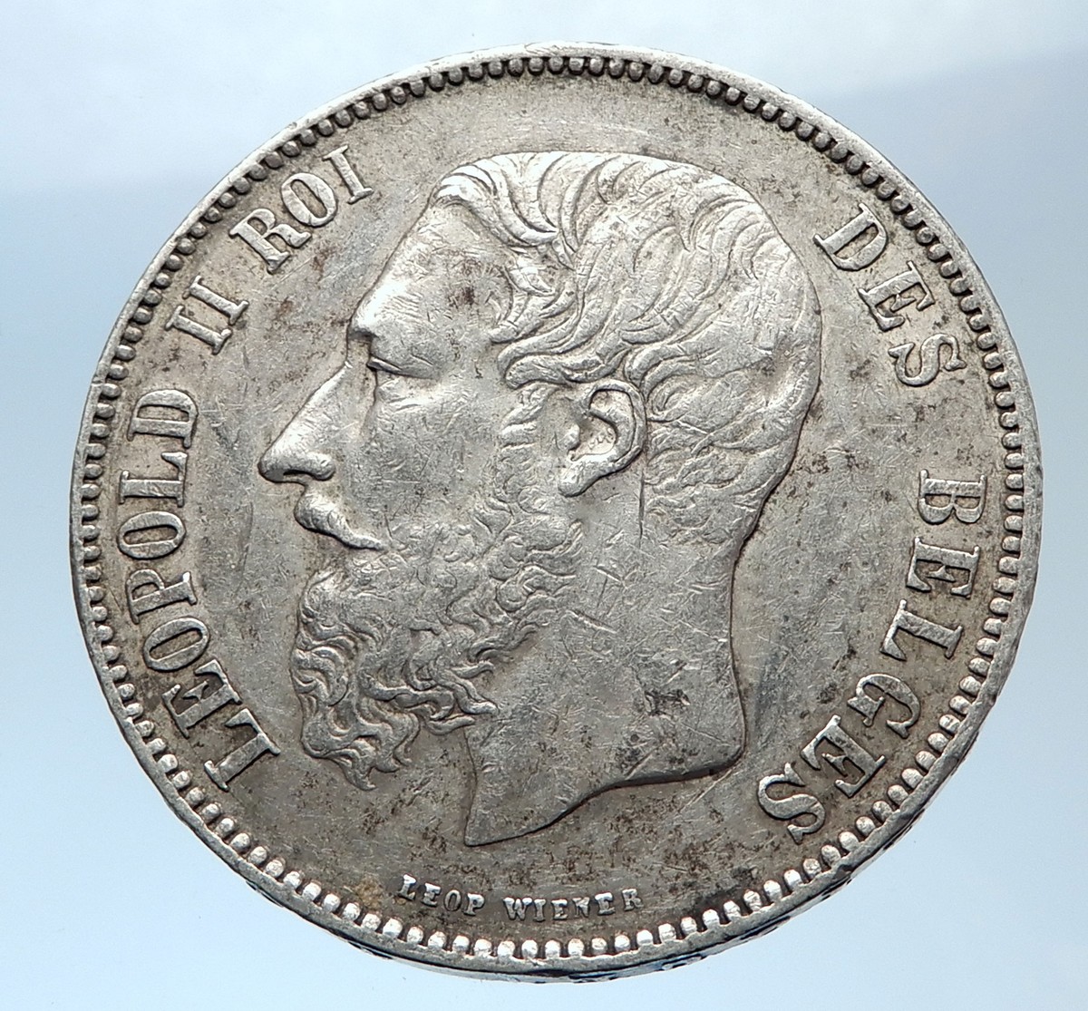 1873 BELGIUM Antique Silver 5 Francs Coin of King LEOPOLD II w