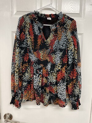Akemi + Kim Womens floral blouse Top Sheer Sleeves Ruched M