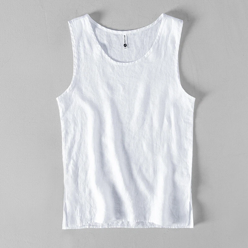Men's 100% Linen Tank Sleeveless T-Shirt Breathable Casual Vest Round Neck Tops - Image 3 of 4