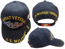 Combat Veteran U.S. Military USA Flag Gun Ribbon Black Embroidered Cap Hat