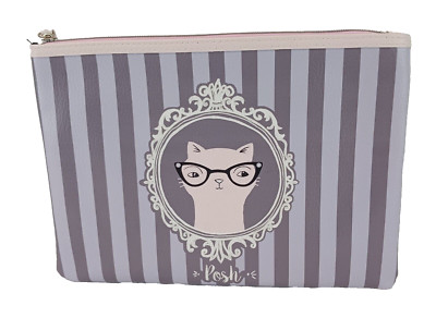 Mixit Posh Makeup Bag Pouch 11.5 x 8'' Zippered Vinyl Cat Feline Striped Grey GUC