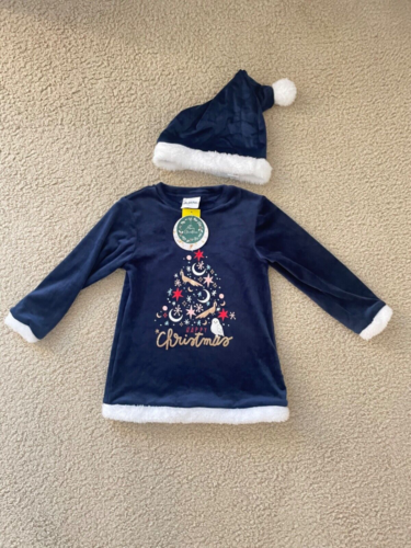Christmas party Children Clothing Girls Blue Velvet Dress with Santa hat Size 4-
