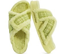 KuaiLu Womens Teddy Fleece Cross Band Slippers Arch Support Green Size 7