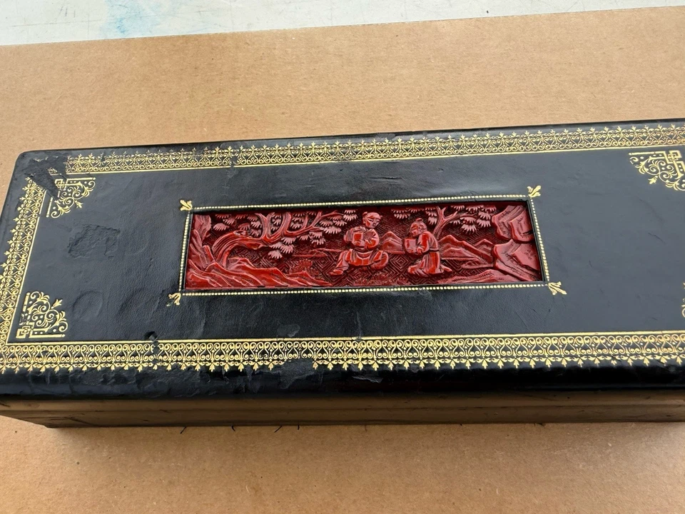 Шкатулка для ювелирных изделий из черной кожи камердинер с китайской резной инкрустацией КИНОВАРЬ - Изображение 2 из 4