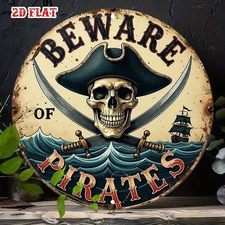 Nautical Pirate Skull Crossbones Round Tin Metal Signs Home Décor Wall Art 8x8 