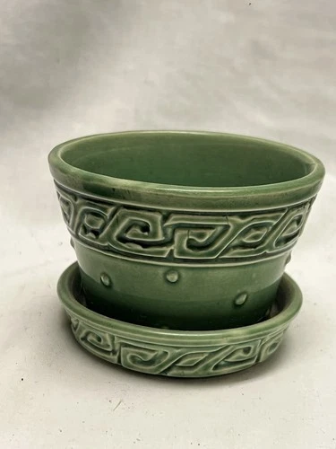 Vintage McCoy Pottery GREEK KEY PLANTER w Attached Saucer