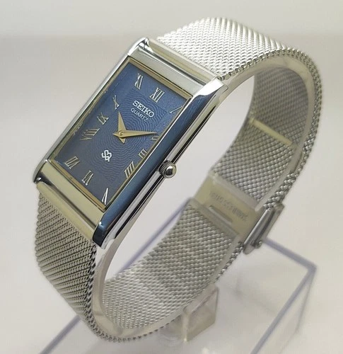 Vintage Seiko Slim Tank Quartz Men Blue Dial Dress Watch-Free DDP Shipping
