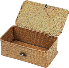 Wicker Storage Basket with Lid, Seagrass Storage Baskets for Organizing Rectan