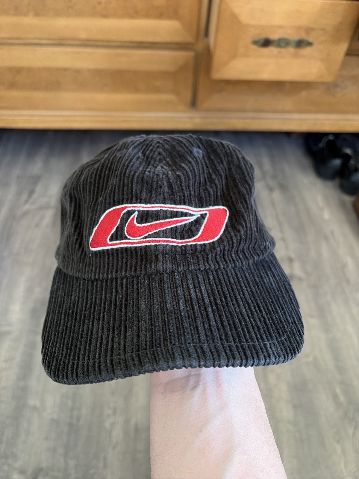 VTG Nike Hat Black Red Thick Corduroy Embroidered Cap Swoosh 90s Retro