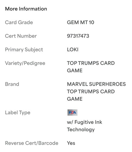 1977 MARVEL SUPERHEROES LOKI TOP TRUMPS GIOCO DI CARTE PSA 10 GEM MINT RARO!!! - Foto 5 di 5