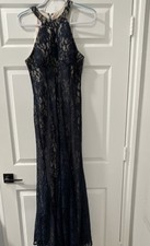 Nightway navy beige floral lace halter neck long gown dress zip women 10