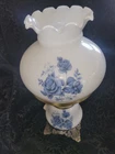 Vintage GWTW Milk Glass Night Stand Lamp Hurricane Shade w/Blue Flowers EUC 15"