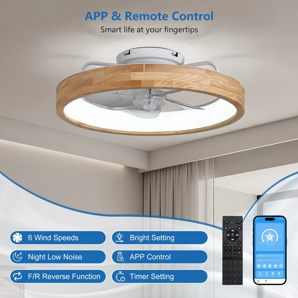 20" Ceiling Fan with LED Light Low Profile Flush Mount Wood Remote APP Control - Image 2 of 4
