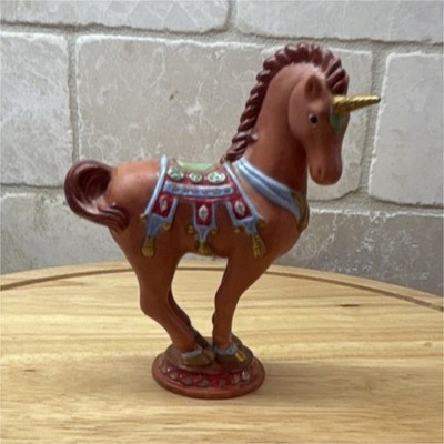Fantasy Unicorn Figurine Collectible Brown with Gold Horn & Decorative Saddle