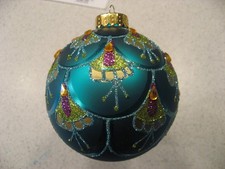 Large UT Peacock Blue Glass Ball Christmas Ornament with Glitter  Faux Jewels