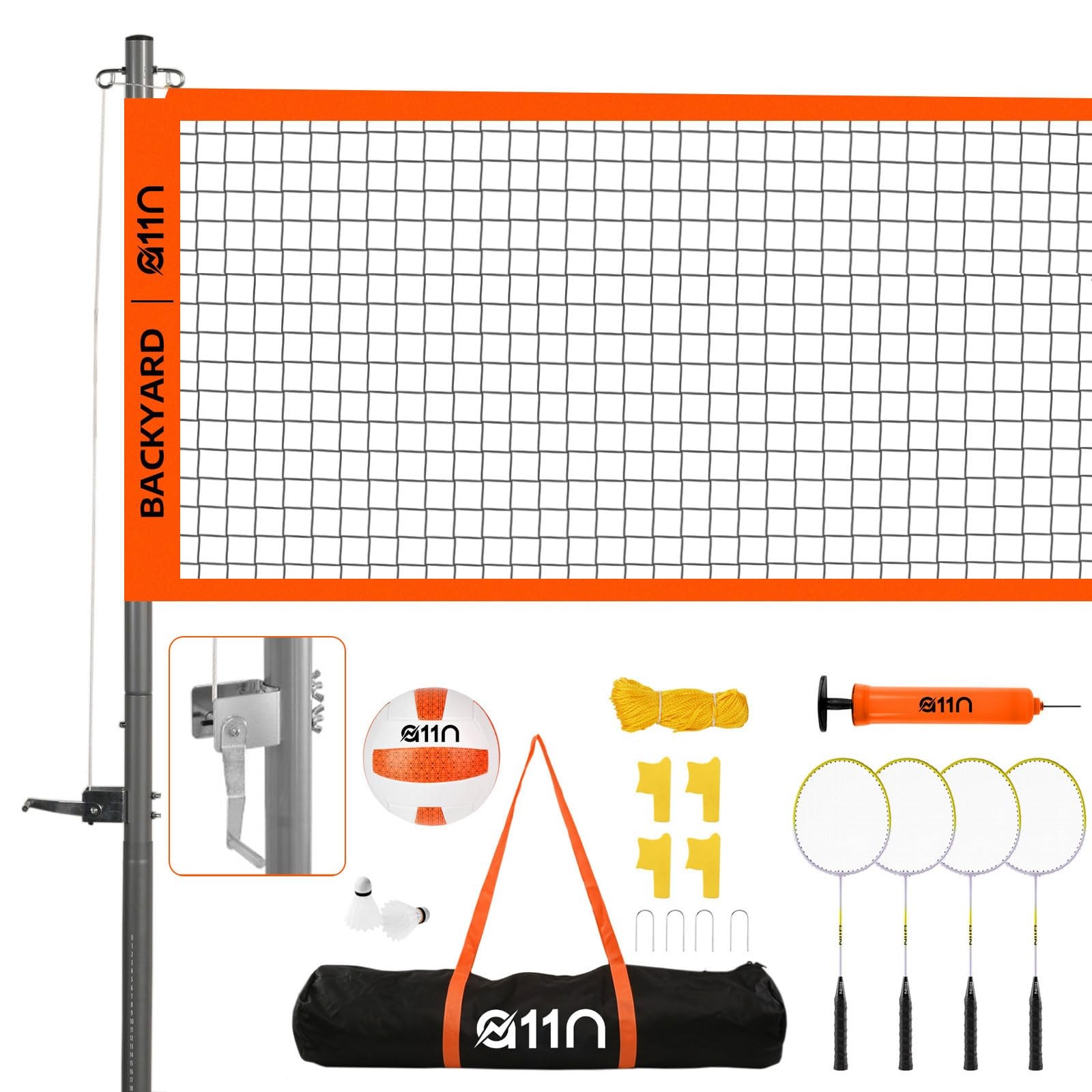 A11N Outdoor Volleyball and Badminton Combo Set - Includes Adjustable Height ...