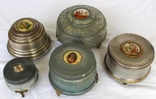 Vintage 1940s Victorian Lot of 5 Powder Trinket Metal Boxes 2 Music Some Footed