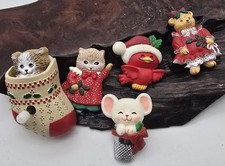 VTG Lot of 5 Christmas Pins Brooches Hallmark Kitty Mouse Bear Bird Vintage Lot