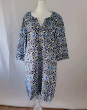 Boden Women's 100% Linen Midi  Dress Blue Geometric Boho Size 16L 