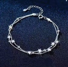 925 Sterling Silver Double Layer Star Linked Charm Bracelet Women Jewellery Gift