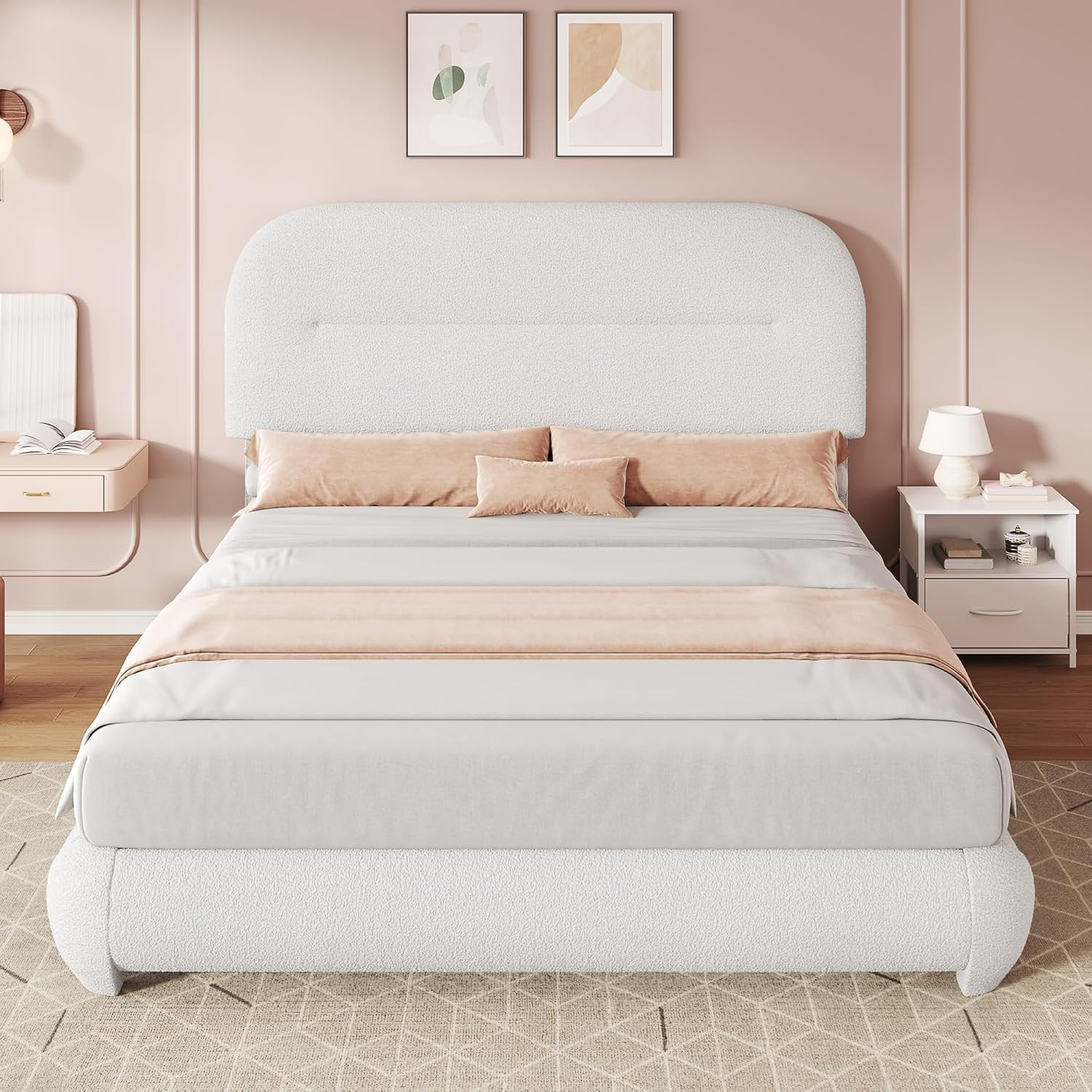 Queen Size Boucle Bed Frame, Upholstered Platform Bed Frame with Headboard, Mode