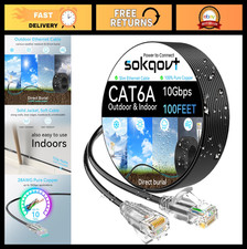 100ft Cat6a Ethernet Cable Slim 28AWG, Waterproof & Flexible 10G Network Cable