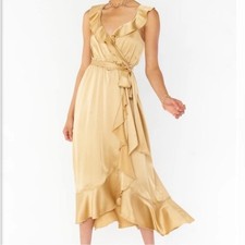 New Show Me Your MuMu Samantha Ruffle Wrap Dress in True Gold Luxe Satin Medium