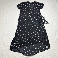 Gap Midi Wrap Short Sleeve Dress Size Small Black w/floral All Over Print EUC