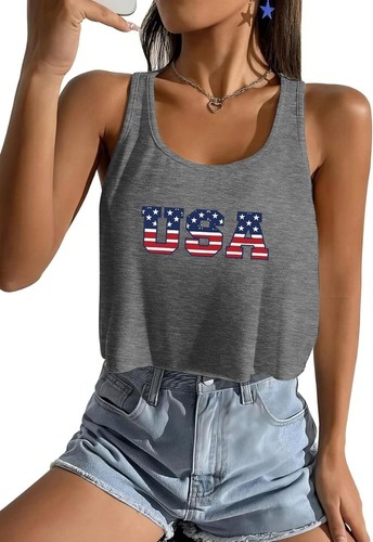 Women's American Flag Sleeveless Crop Top - USA Patriotic 4th of July Camisole - Picture 18 of 71