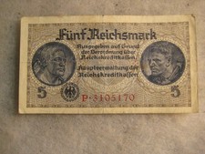 1945  German 5 Mark Banknote, Germany Currency Era between WWI WWII WW1 WW2