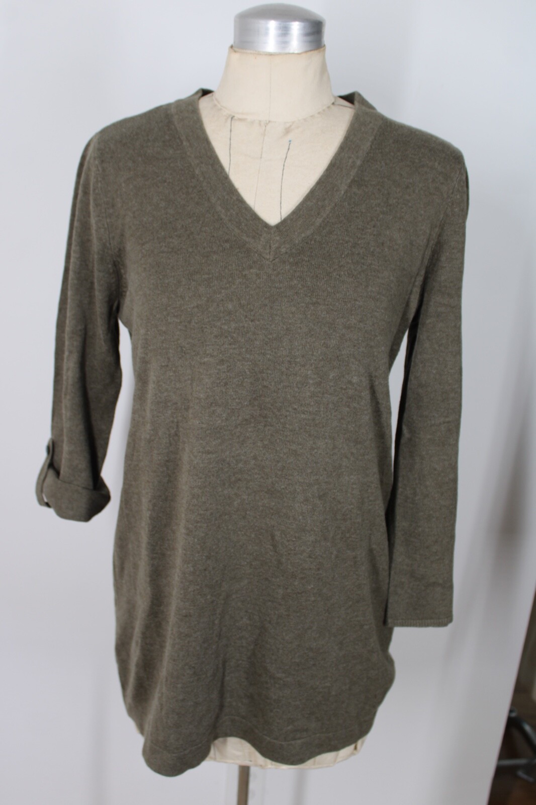 J Jill M Olive Green Organic Cotton Linen Knit VNeck Roll Tab Sleeve Sweater eBay