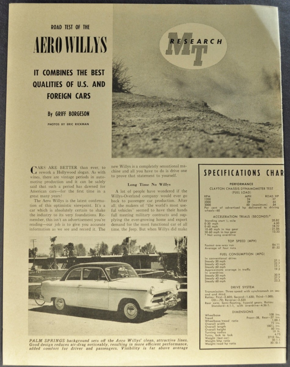 1952 Willys Aero Road Test Brochure Folder Wing Ace Sedan