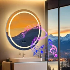 Bluetooth Bathroom Mirror LED Round Illuminated Music Vanity Mirror Time Display