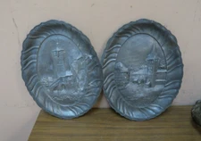 Set @ 2 Antique German Bavaria Rothenburg Sculpted Pewter Wall Art Plaque 7"x10"