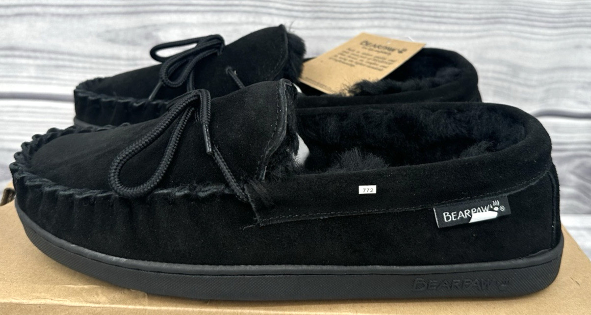 BEARPAW MOC II WIDE SUEDE SLIPPERS   Men's Size 10 Wide   BLACK   NEW IN BOX!!